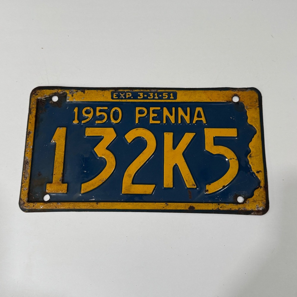 Pennsylvania License Plate Blue Yellow 1950 Vintage Embossed Metal